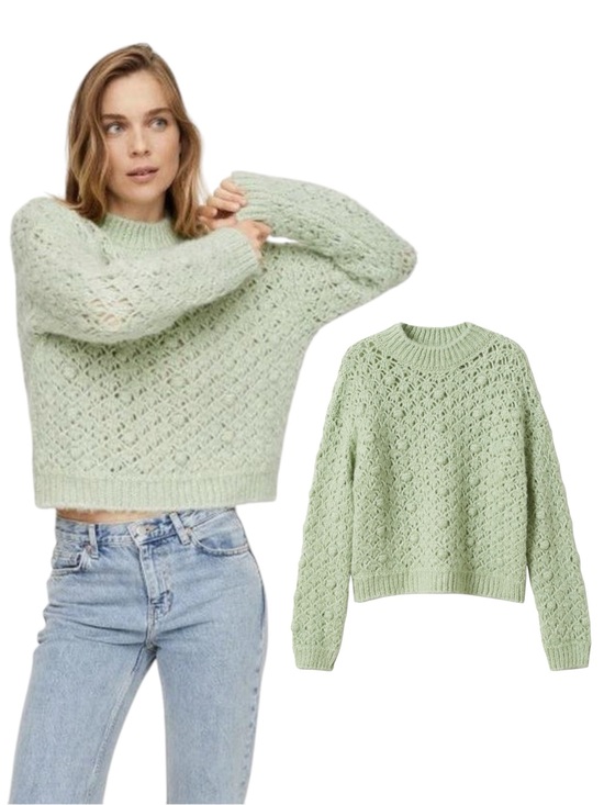 Mango Sweaters - NWT Mango Mint Green Open-Knit Crewneck Popcorn Texture Sweater